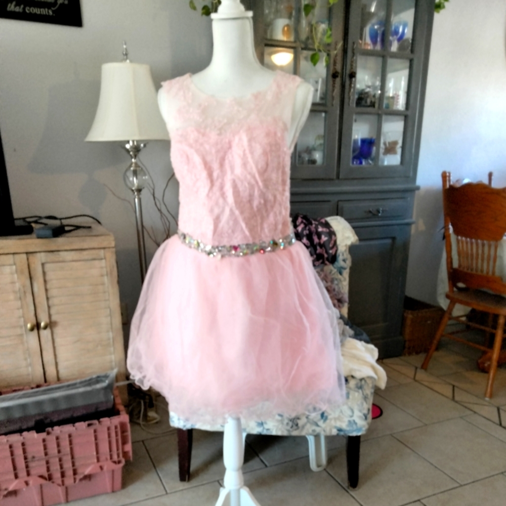 Pink party dress size 12 with opaque shoes , and scarf.